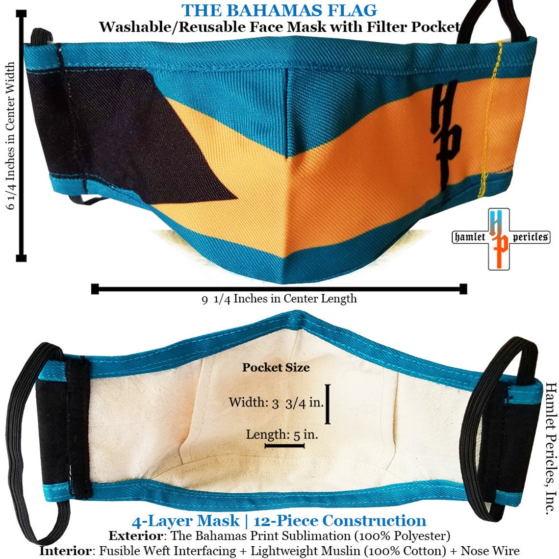 The Bahamas Flag Face Mask W/ Filter Pocket Bahamian Reusable Cotton