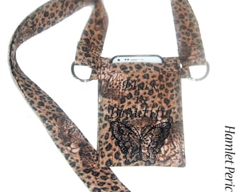 OOAK Black is Beautiful leopard print shoulder strap smartphone pouch, Iphones, Samsung Galaxy, HTC One, etc. / suitable for iPODs | P21413