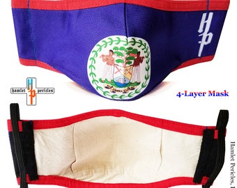 May include: A reusable face mask featuring the Belize flag. The mask is made of a blue fabric with the Belize coat of arms in the center. The mask has a red border and a filter pocket. The text "Belize Flag" is printed at the top of the image. The text "4-Layer Mask" is printed at the bottom of the image. The text "12-Piece Construction" is printed in the center of the image. The text "Exterior: Belize Print Sublimation (100% Polyester)" is printed below the text "12-Piece Construction". The text "Interior: Fusible Weft Interfacing + Lightweight Muslin (100% Cotton)" is printed below the text "Exterior: Belize Print Sublimation (100% Polyester)".