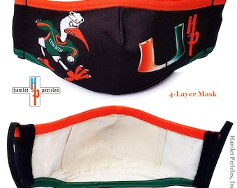 Miami Hurricanes Face Masks w/ Filter Pocket | University of Miami | Hurricanes Mascot Sebastian | Washable Reusable Face Mask |4-layer Mask