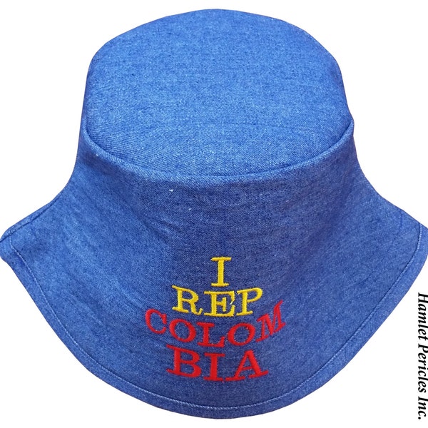 Blue Denim Unisex Bucket Hat | I Rep Colombia Embroidered Hat | Colombian | Yellow Blue Red Hat | Sky Blue Hat by Hamlet P. | HP31016c