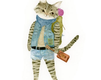 travel cat "Travis" All purpose greeting card w/ a brown paper envelope