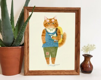 8x10 Art print, Travel Cat "Chaos" Fur coats & Backpacks, rainbow, Backpacking,