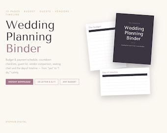 Wedding Planning Binder PDF | 15-Page Printable Budget, Guest List, Seating Chart & Countdown | Digital Download