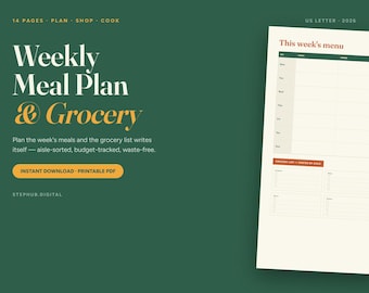 Weekly Meal Plan and Grocery List PDF | Printable Breakfast, Lunch & Dinner Planner with Budget Tracker | Digital Download