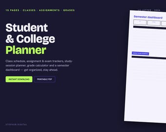 Student College Planner PDF | Printable Class Schedule, Assignment & Grade Tracker | Digital Download