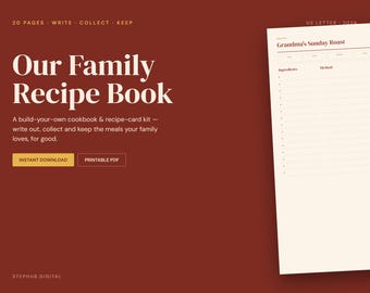 Family Recipe Book PDF | Printable Cookbook and Recipe Binder with Full-Page Recipe Cards | Digital Download
