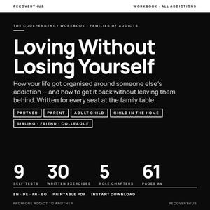 Può includere: Un quaderno di esercizi digitale nero intitolato Loving Without Losing Yourself, The Codependency Workbook - Families of Addicts. Contiene 9 autotest, 30 esercizi scritti, 5 capitoli di ruolo e 61 pagine in formato A4. Include categorie per partner, genitore, figlio adulto, figlio in casa, fratello/sorella, amico e collega.