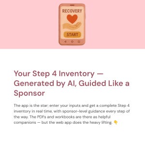May include: A smartphone screen displays the word "RECOVERY" above a heart and hand graphic. Below, a "START" button is visible. The phone is set against a light pink background, with text describing an AI-guided inventory app.