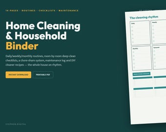 Home Cleaning and Household Binder PDF | Printable Room-by-Room Checklist & Chore Tracker | Digital Download