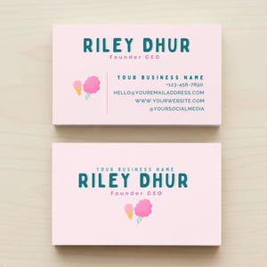 May include: Two pink business cards with teal text. The top card reads "RILEY DHUR, Founder CEO" and includes contact information. A cotton candy and ice cream cone graphic is on both cards. The bottom card repeats the name and title.