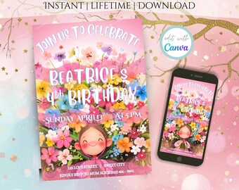 May include: A pink birthday invitation with floral illustrations and the text "Join Us To Celebrate Beatrice's 4th Birthday". A smartphone displays the same design. The invitation includes event details and a request to RSVP.
