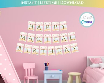 Banner de cumpleaños de unicornio - Decoraciones mágicas para niñas - Arcoíris pastel imprimible DIY - Descarga instantánea