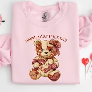 Patchwork Teddy Bear Valentine Sweatshirt Shirt | Retro Cute Love Bear Tee | Vintage Cozy Aesthetic