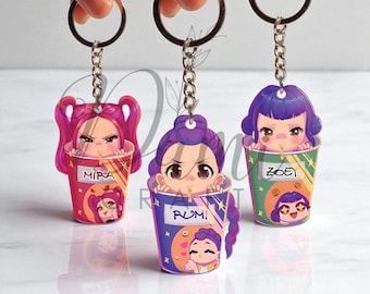 Kpop Demon Hunters Keychain Kawaii Saja Boys Huntrix Double-Sided Keychains, Kpop Demon Hunters Fanart Merch, Chibi Saja Boys Keyring