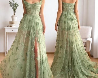 3D Floral Embroidered Tulle Evening Dress | Floral Maxi Strap Elegant Suspender Gown | 3D Applique Formal Party Banquet Prom Dress for Women
