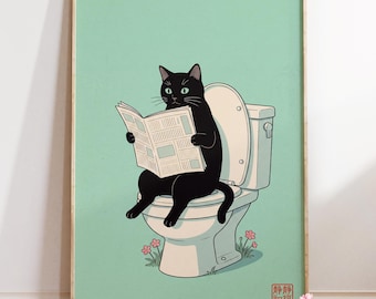 Funny Black Cat Print : Japanese Ink, Toilet Humor Art