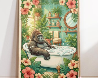 Gorilla in Tub Art Print : Tropical Bathroom Wall Decor