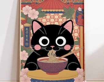 Ramen Cat Art Print : Kawaii Japanese Noodle Shop Decor