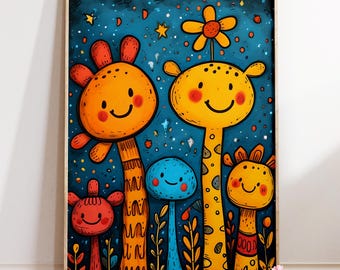 Colorful Giraffe Wall Art for Kids | Playful Jungle Animal Nursery Print | Whimsical Safari Poster | Vibrant Baby Room Decor