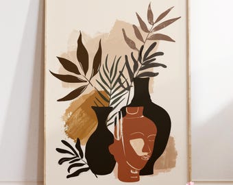 Abstract Face & Leaves Print : Boho Earth Tone Vase Art