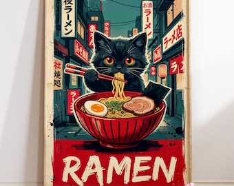 Ramen Cat Poster : Retro Japanese Noodle Print, Kawaii Kitchen Decor