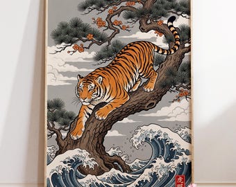 Ukiyo-e Tiger Poster : Japanese Art Print, Coastal Decor