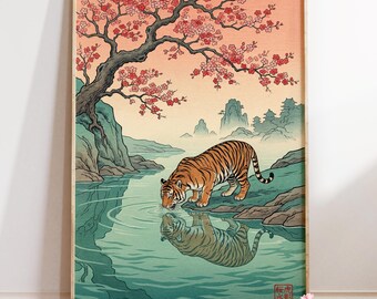 Sakura Tiger Reflection Art Print : Japandi River Landscape