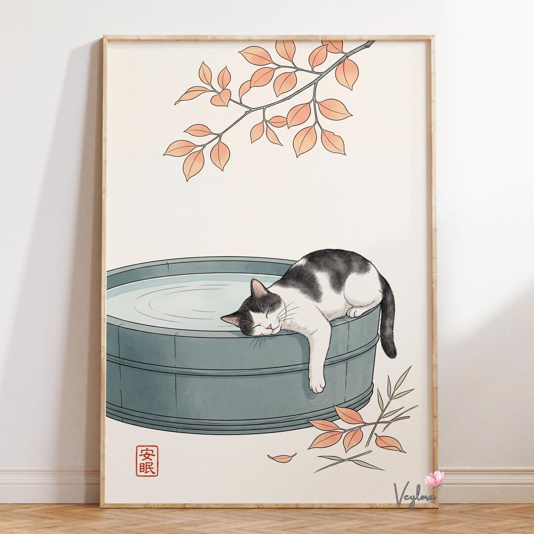 Sleepy Cat Onsen Poster | Wall Art | Minimal Japanese Cat Illustration ...