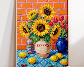 Sunflower Still Life Print : Bold Floral Illustration, Living Room Decor