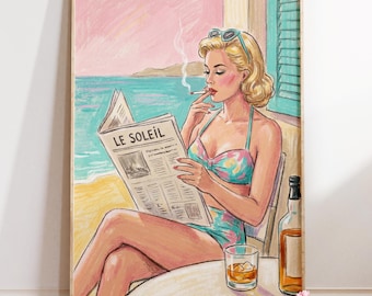 Vintage Beach Pin-Up Poster : Mid-Century Seaside Illustration | Coastal Wall Art | Premium Matte Paper | Beach House Print