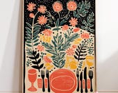 Botanical Table Setting Poster | Floral Dinner Illustration | Vintage Kitchen Mood | Cozy Dining Wall Decor | Warm Color Palette Art