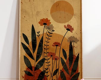 Vintage Blumen Kunstdruck | Retro Sonne, warme Erdtöne