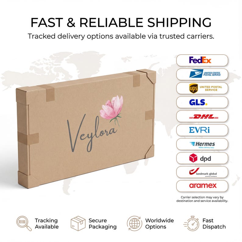 May include: A brown cardboard box with the word "Veylora" and a pink flower design. The box is sealed with tape and has icons for tracking, secure packaging, worldwide options, and fast dispatch. The text "FAST & RELIABLE SHIPPING" is at the top.