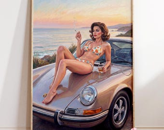 Beachside Pin-Up Poster : Sunset Sports Car Illustration | Coastal Wall Art | Premium Matte Paper | Retro Glamour Print