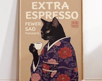 Espresso Black Cat Japanese Art Print : Coffee Bar Poster