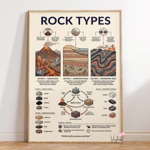以下が含まれることがあります： 「ROCK TYPES」と題された額装済みの教育用ポスター。火成岩、堆積岩、変成岩の形成過程のイラストが描かれています。中央には岩石の循環図があり、各カテゴリーの説明文と様々な岩石の例が記載されています。