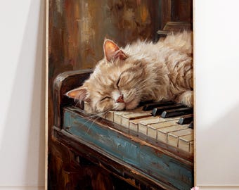 Sleeping Cat Piano Oil Painting Art Print : Cozy Music Room Decor