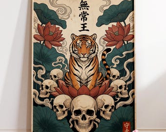 Samurai Tiger Skull Art Print : Gothic Japandi Poster