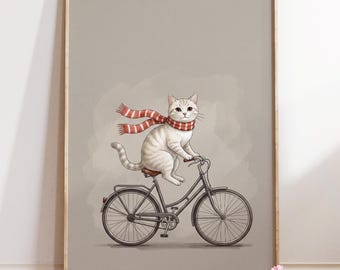 Cat on Bicycle Art Print : Whimsical Animal Illustration