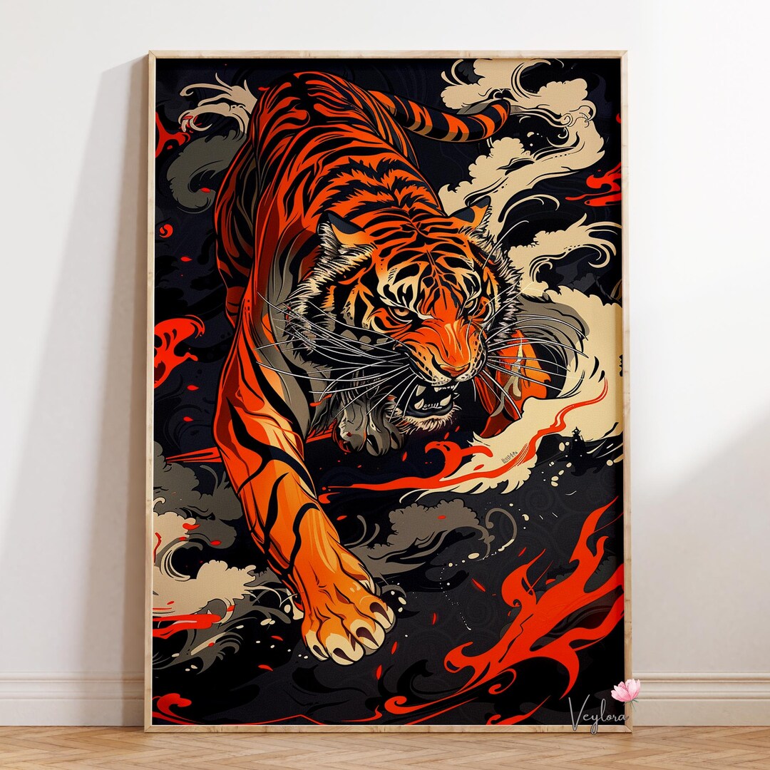 Tiger Poster | Japanese Style Wall Art | Fierce Animal Decor | Dark ...