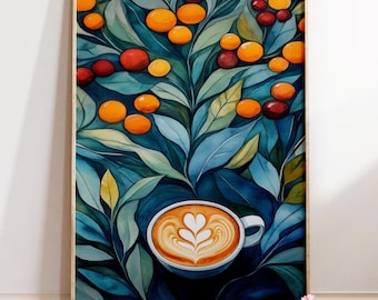 Stampa artistica Latte Art / Tazza da caffè botanica, arte moderna per la cucina