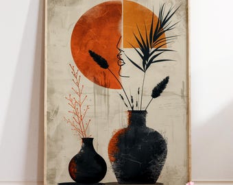 Abstract Face Art Print : Boho Vase & Sun, Retro Decor