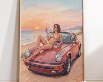 Sunset Sports Car Poster : Retro Beach Glamour Wall Art