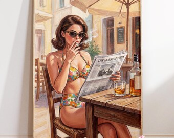 Vintage Beach Pin-Up Poster : Mid-Century Seaside Illustration | Coastal Wall Art | Premium Matte Paper | Beach House Print
