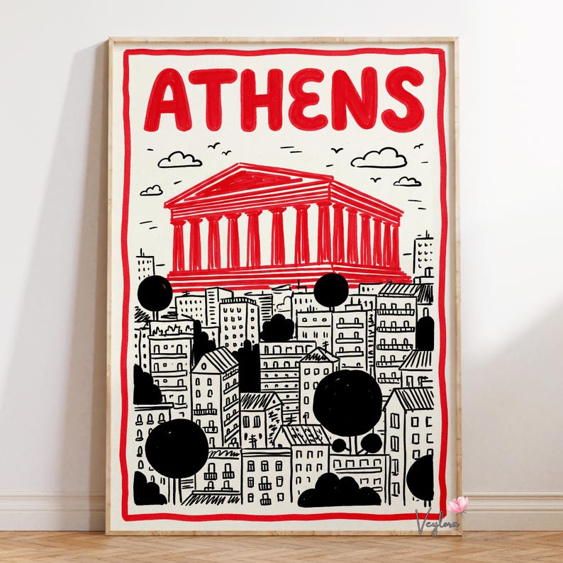Athens Poster | Hand Drawn Line Illustration | City Wall Art | Athens ...