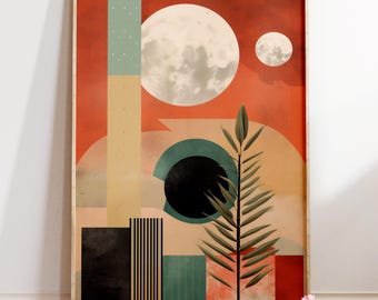 May include: Abstract art print featuring a large full moon and a smaller moon against a red and orange background. Geometric shapes in teal, black, and beige are arranged with a sprig of green leaves. The artwork is framed in a light wood.
