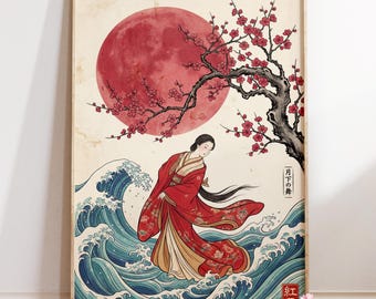Red Moon Kimono Dancer Art Print : Japanese Ukiyo-e Wall Art