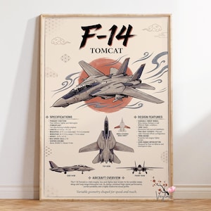 May include: A poster featuring an F-14 Tomcat fighter jet with technical specifications, including a length of 19.1 m, a wingspan of 19.5 m, and a height of 4.9 m. The design includes a side view, top view, and front view of the aircraft.