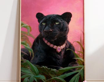 Glam Black Panther Art Print : Jungle Oil Painting, Pink Sunset
